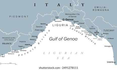 Liguria and the Italian Riviera, or Ligurian Riviera, gray political map. Region of north-western Italy, with capital Genoa. Narrow coastal strip between Ventimiglia and La Spezia on the Ligurian Sea.