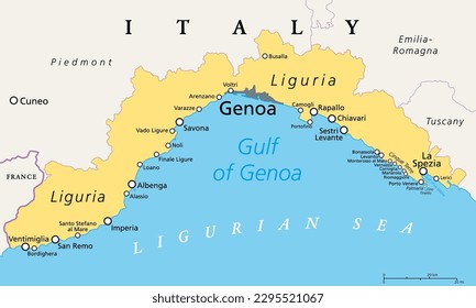 Liguria and the Italian Riviera, the Ligurian Riviera, political map. Region of north-western Italy, with capital Genoa. A narrow coastal strip between Ventimiglia and La Spezia, on the Ligurian Sea.