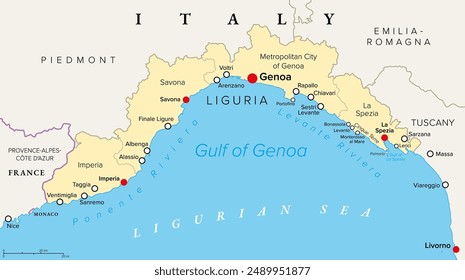 Liguria and the Italian Riviera, the Ligurian Riviera, political map. Region of north-western Italy, with capital Genoa. A narrow coastal strip between Ventimiglia and La Spezia, on the Ligurian Sea.