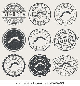 Liguria, Italy Set of Stamps. Country Travel Marks. Made In Product. Design Seals Old Style Insignia.