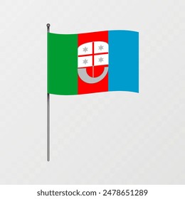 Bandera de la región de Liguria en asta de bandera. Ilustración vectorial.