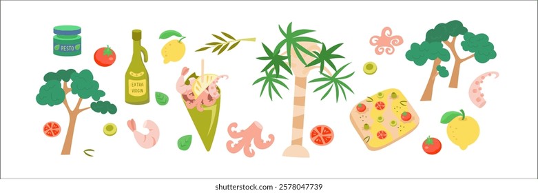 Liguria traditional Mediterranean Italian nature and cuisine. Local seafood, focaccia and olives, oil and lemons. Italy and tourism. Isolated vector illustration on white background. 