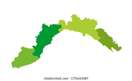 Liguria vector map silhouette illustration isolated on white background, province in Italy. Liguria region with separated regions with borders. Italian territory.