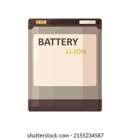 Li-ion battery pack of rectangle shape. Rechargeable power item for electronic devices, cameras. Energy resource from lithium. Flat vector illustration isolated on white background.