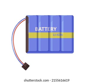 Li-ion battery pack with wires, terminal clamp, connector. Rechargable baterry with cable for electric gadgets, electronics. Flat vector illustration isolated on white background
