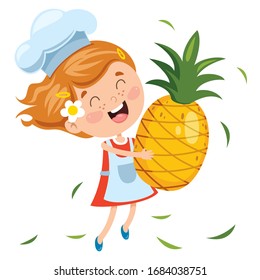 Liitle Child And Cartoon Fruit