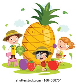 Liitle Child And Cartoon Fruit