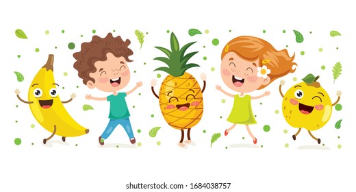 Liitle Child And Cartoon Fruit