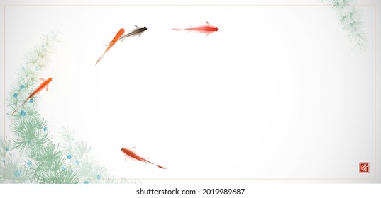 Liitle fishes and seaweed on white background. Traditional oriental ink painting sumi-e, u-sin, go-hua. Hieroglyph - double luck