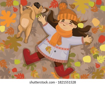 Kleine Mädchen liegen auf den fallenden Blättern. Herbststimmung. Fröhliches Kind mit ihrem Hund