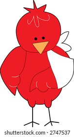 A liitle red bird with one of it's wings in a bandage