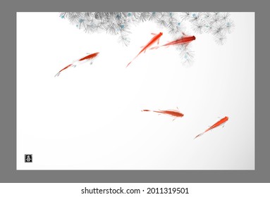 Liitle red fishes and seaweed on white background. Traditional oriental ink painting sumi-e, u-sin, go-hua. Hieroglyph - joy.