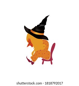 Liitle witch sitting on a small chair tyed after a good holiday. Halloween character design element for autumn greeting card 