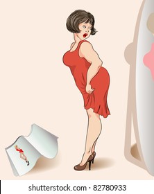 likable fat woman looks in a mirror
