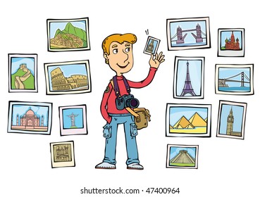 a likable tourist with a photocamera and  many photos of different cities is illustration