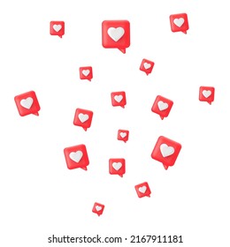 Like 3d icon set. Social media render bubble with heart. Love element. Comment button. Share tag. Notice people. Chat text. Speech communicate. Notification label. Emoji reaction.Vector illustration.