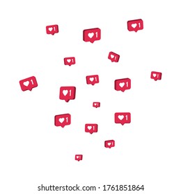 Like 3d icons flying on white background. Comment and follower symbol. Social media elements. Counter notification border. Social network composition. Emoji reactions. Vector illustration.