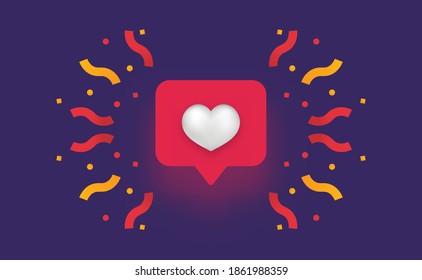 Como la red social 3d. Fuegos artificiales rojos con el corazón blanco serpentino amarillo comunicación moderna en línea smm en aplicaciones y comunidades web aprobación de comentarios de usuarios con punto de vista vector.