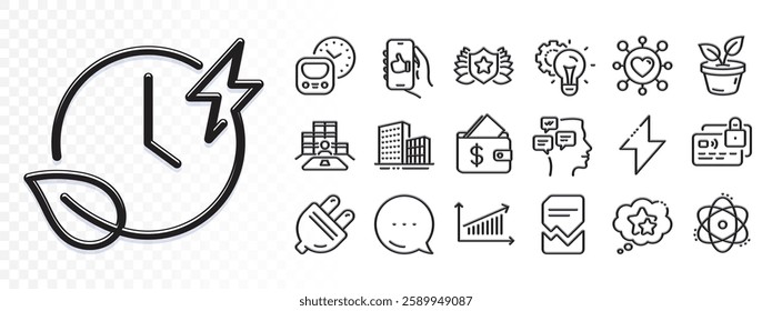 Like app, Card and Metro line icons for web app. Glare of light effect. Message icon. Pack of Idea gear, Laureate, Buildings pictogram icons. Ranking stars, Charging time, Energy signs. Vector