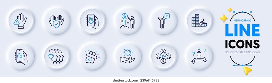 Like app, Hold heart and Agent line icons for web app. Pack of Video conference, Insurance hand, Inventory pictogram icons. Smile, Download app, Friends couple signs. Income money. Vector