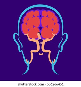 Like atlas holding the world a man or the nerve endings of the brain holds up the brain in the back of an outline of a figure's head.
