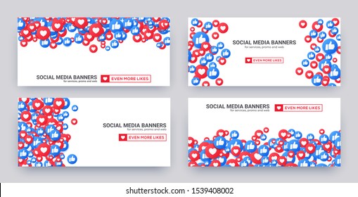 Like banner set, Bunch of like and appreciate emoji icons background, thumb up stream social network. Heart and thump icons for love and respect. Vector illustration in 3d style.