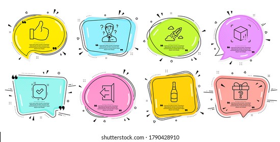 Like, Beer bottle and Confirmed signs. Speech bubbles with quotes. Sign out, Support consultant and Secret gift line icons set. Startup rocket, Augmented reality symbols. Logout, Question mark. Vector