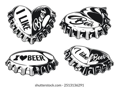 I like beer monochrome set emblems with glass bottle caps for promo of bavarian beer festival vector illustration