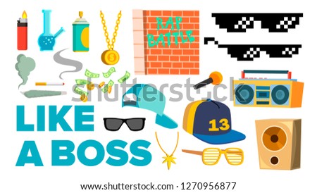 Like A Boss Icons Vector. Rapper, Gangster, Cool Singer. Isolated Flat Cartoon Illustration
