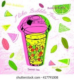 I like bubble tea. Beautiful hand drawn image in modern artistic style on a light textured background. Vector editable illustration in yellow, pink and bright green colours.