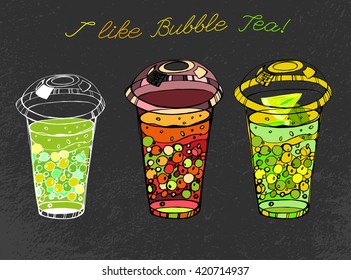 I like bubble tea. Beautiful hand drawn image in modern artistic style on a dark gray textured background. Vector editable illustration in yellow, red and bright green colours.