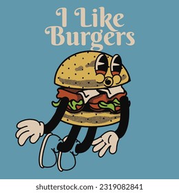 Ich mag Burger mit Burger Groovy Character Design