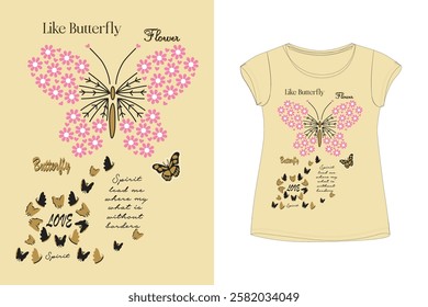 Like butterfly slogan with flying butterflies, Monarch orange Butterflies flaying, Pink black butterfly vector art design hand drawn for t-shirt, Design slogans for t shirt template, stickers, print