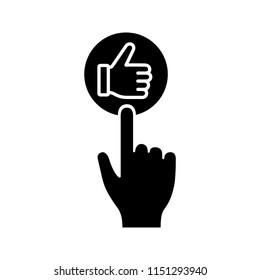 Like button click glyph icon. Thumbs up. Hand pushing button. Silhouette symbol. Negative space. Vector isolated illustration