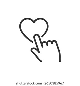 Like button with finger, linear icon. Digital approval, love, or app interaction. Line with editable stroke.