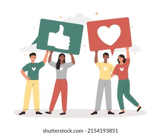 Like button and heart button concept. Men and women hold signs with thumbs up and symbol of love. Feedback or evaluation on social networks. Online communication. Cartoon flat vector illustration