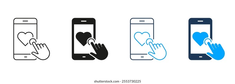 Like Button Line and Silhouette Icon Set. Click On Heart Shape Button In Smartphone Pictogram. Social Media Notification Symbol. Network Online Sign. Editable Stroke. Isolated Vector Illustration.