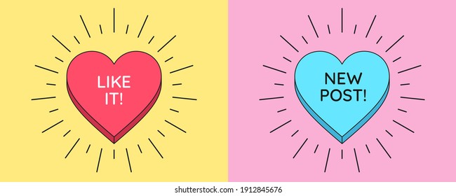 Like it button and New post banner. Social media templates with heart button inside sunburst and text New Post and Like It. Announcement of new content for social media story. Vector illustration