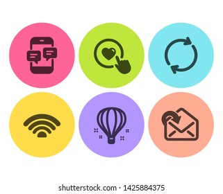 Like button, Phone messages and Wifi icons simple set. Air balloon, Full rotation and Receive mail signs. Press love, Mobile chat. Technology set. Flat like button icon. Circle button. Vector
