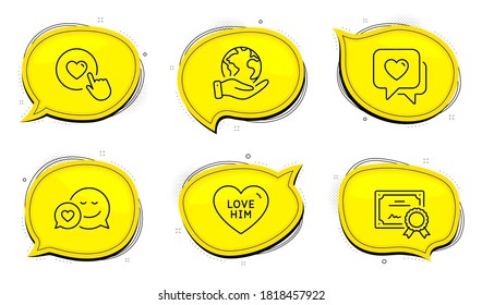 Señal del botón Me Gusta. Certificado de diploma, salva las burbujas de chat del planeta. Amarlo, los íconos de la línea de citas y corazones están listos. Cariño, mensajero de amor. Juego de amor. Conjunto de iconos de esquema. Vector