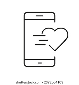 Wie Taste in Social Media App Line Symbol. Smartphone mit dem linearen Herzformen Piktogramm. Kurzzeichen der Benachrichtigung. Signieren der Online-Kommunikation. Bearbeitbarer Stroke. Einzelne Vektorgrafik.