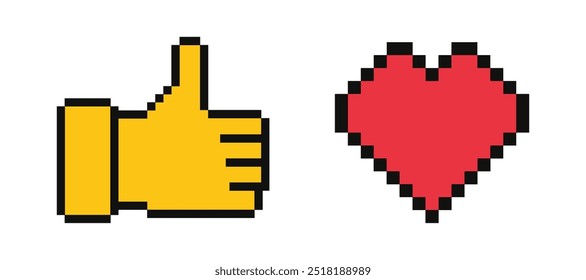 Como el Botón, el símbolo. Pulgar hacia arriba y corazón icono de píxel de amor. Ilustración vectorial.