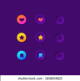 Like buttons UI elements kit. Favourite media. Multimedia settings isolated vector icon, bar and dashboard template. Web design widget collection for mobile application with dark theme interface