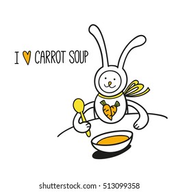 I like carrot soup. Bunny rabbit and carrots on white background. Children vector illustration on white. Cute character design and graphic elements for kids. Cartoon hand drawn style.