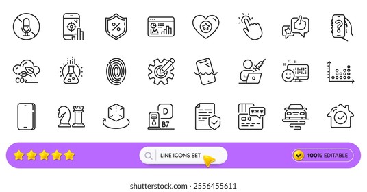 Like, Certificate and Diesel station line icons for web app. Pack of Dot plot, Chess, Cogwheel pictogram icons. Help app, Heart, Seo statistics signs. Co2 gas, Touchpoint. Search bar. Vector