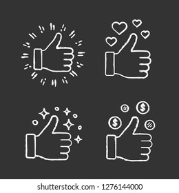 Like chalk icons set. Thumbs up, financial success. Good, nice, ok hand gestures. Social media voting. Rating, ranking. Isolated vector chalkboard illustrations