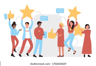 I like it character concept flat vector illustration. Social media background, successful online business, feedback, web. Young smiling people holding symbols or icons for rating post in their hands