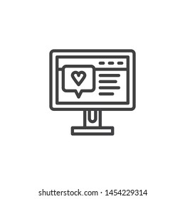Like chat comment line icon. linear style sign for mobile concept and web design. Computer monitor with heart text outline vector icon. Symbol, logo illustration. Vector graphics