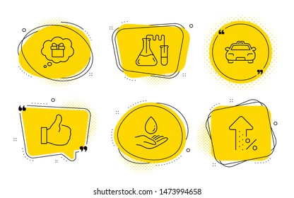 Like, Chemistry lab and Increasing percent signs. Chat bubbles. Water care, Taxi and Gift dream line icons set. Aqua drop, Passengers transport, Receive a gift. Thumbs up. Business set. Vector