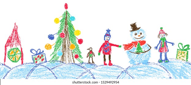 Like child hand drawing christmas space seamless border  Crayon  pastel chalk pencil funny sketch doodle tree  ball  snowman  kid  boy  gift box  snow  hut  Vector background simple style 